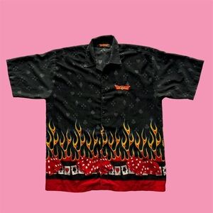 Vintage Y2K Flames Dice Cards AOP Short Sleeve Button Down XL